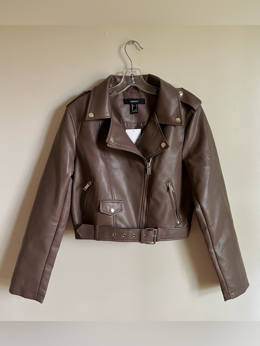 NWT Forever 21 Woman’s Espresso Brown Faux Leather Cropped Moto Jacket Size L